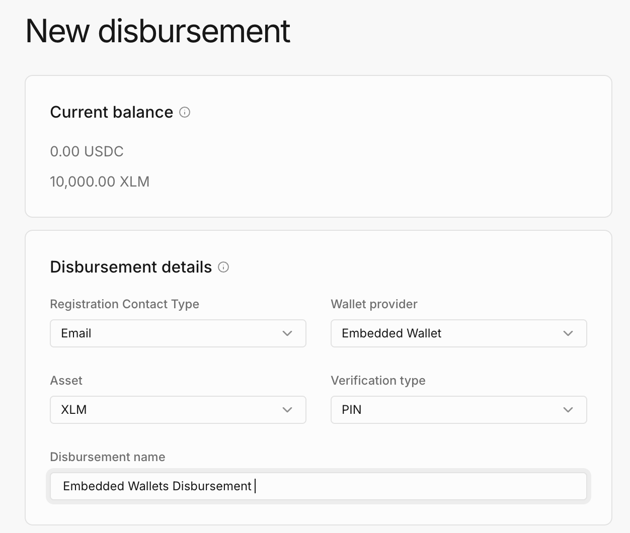 Creating a disbursement with Embedded Wallet selected